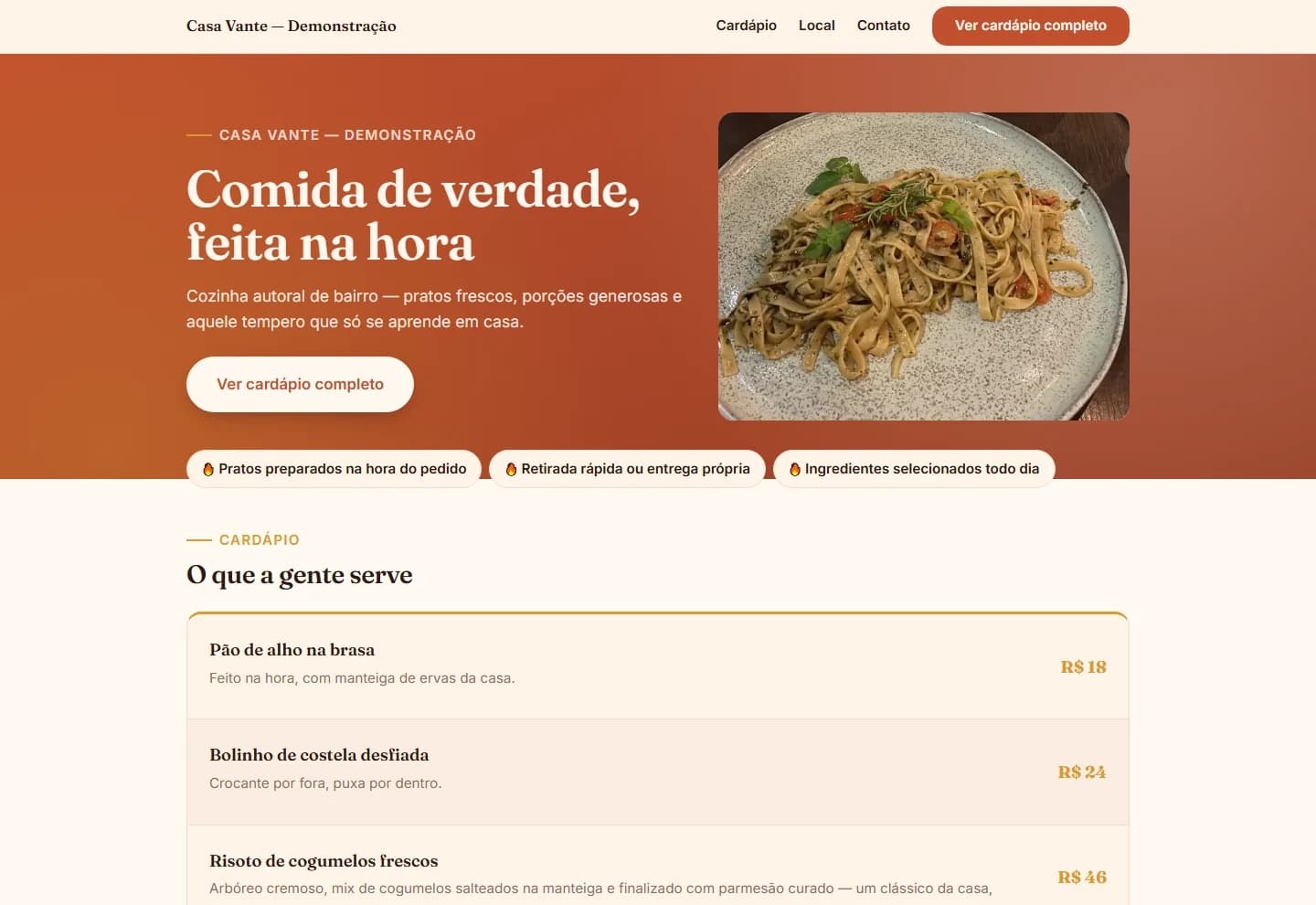 Página digital do modelo alimentação da Vante, em desktop