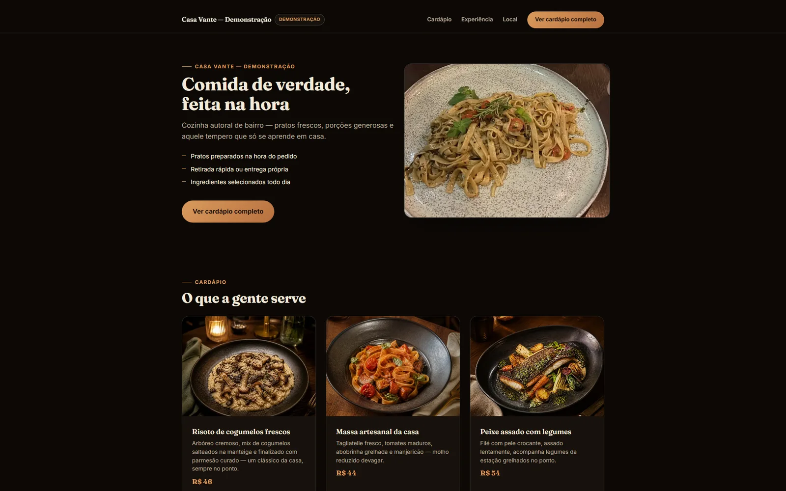 Demonstração gastronômica Casa Vante em desktop